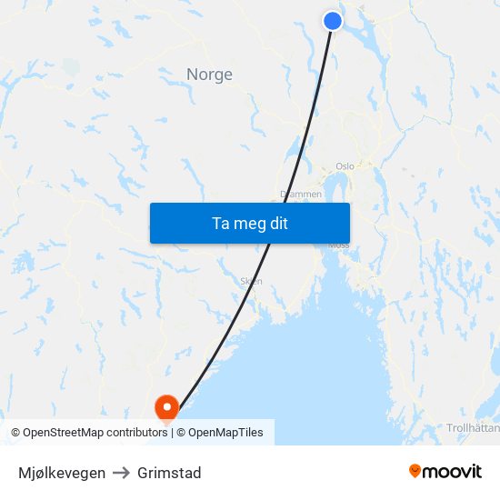 Mjølkevegen to Grimstad map