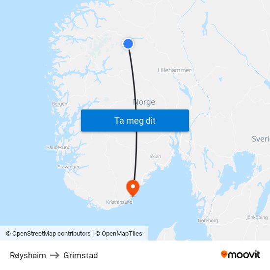 Røysheim to Grimstad map