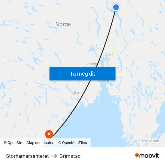 Storhamarsenteret to Grimstad map