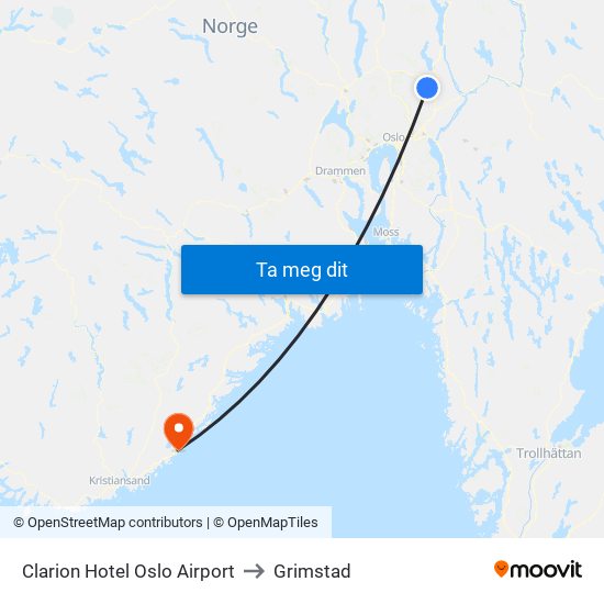 Clarion Hotel Oslo Airport to Grimstad map