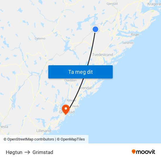 Høgtun to Grimstad map