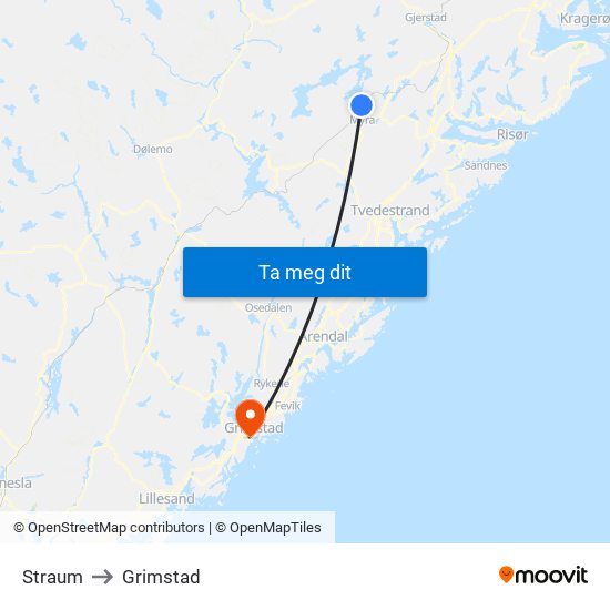 Straum to Grimstad map