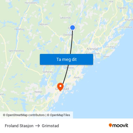 Froland Stasjon to Grimstad map