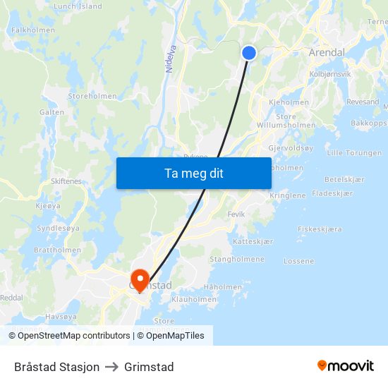 Bråstad Stasjon to Grimstad map