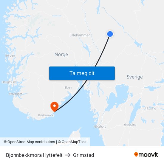 Bjønnbekkmora Hyttefelt to Grimstad map