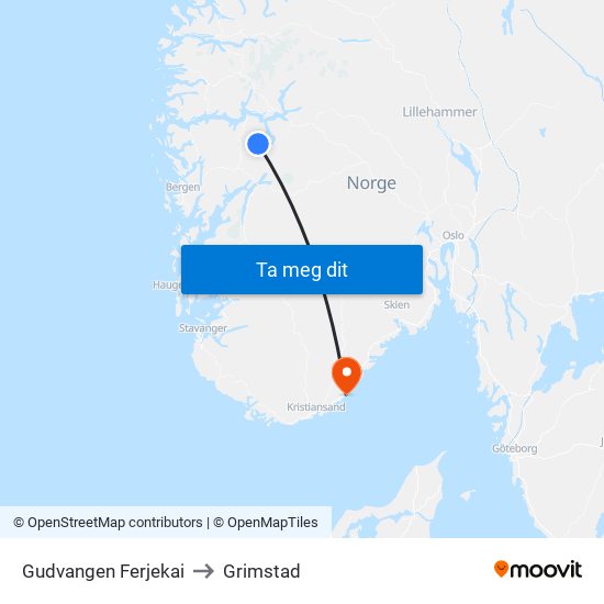 Gudvangen Ferjekai to Grimstad map