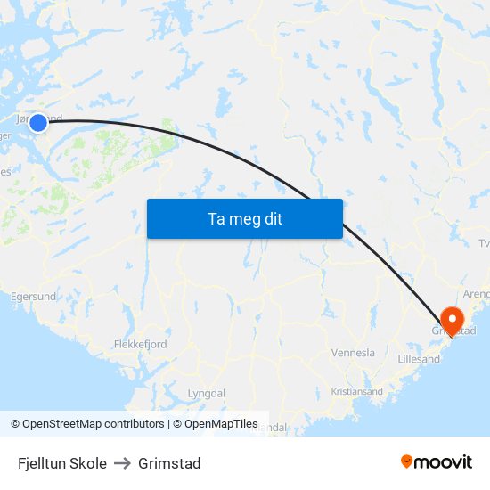 Fjelltun Skole to Grimstad map