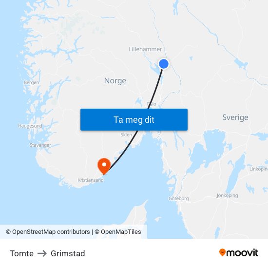 Tomte to Grimstad map