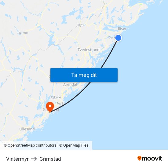 Vintermyr to Grimstad map