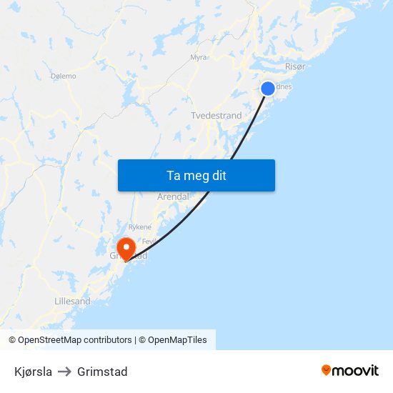 Kjørsla to Grimstad map