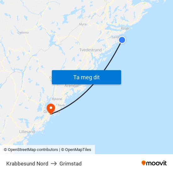 Krabbesund Nord to Grimstad map