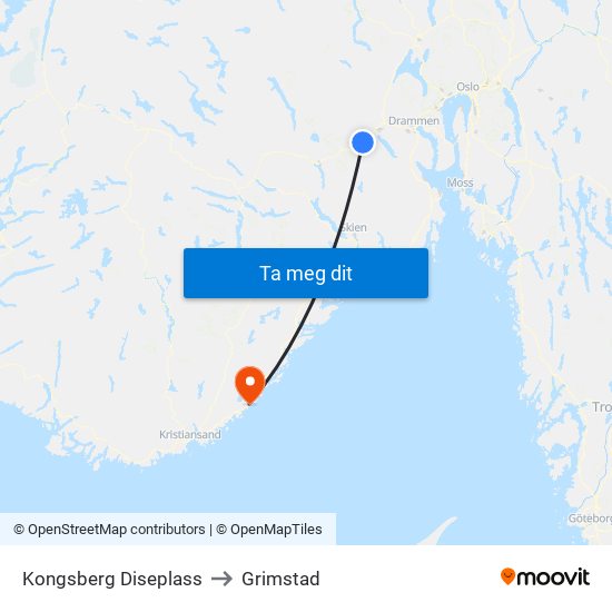 Kongsberg Diseplass to Grimstad map