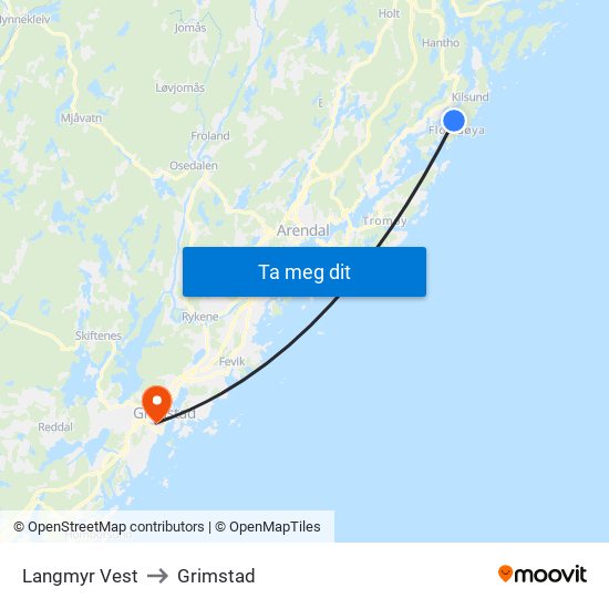 Langmyr Vest to Grimstad map