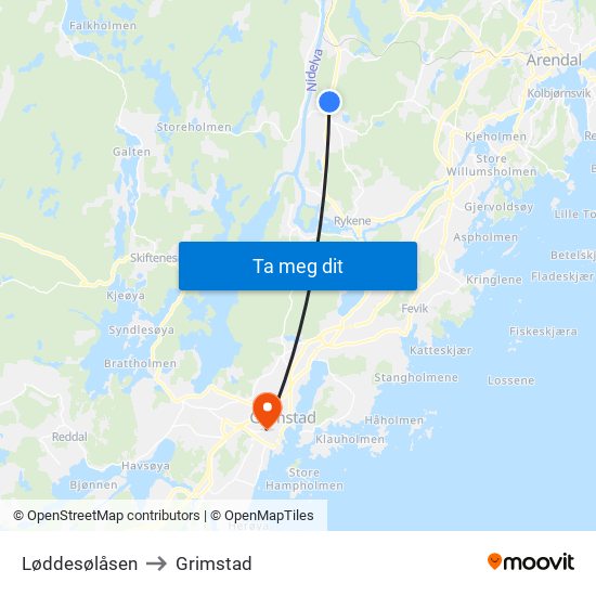 Løddesølåsen to Grimstad map