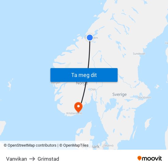 Vanvikan to Grimstad map