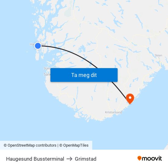 Haugesund Bussterminal to Grimstad map