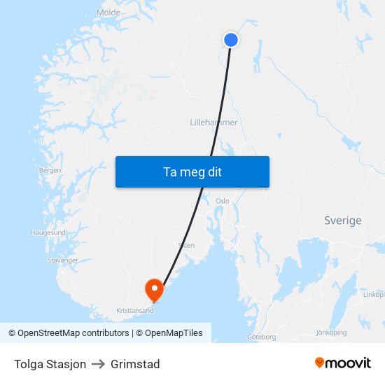 Tolga Stasjon to Grimstad map