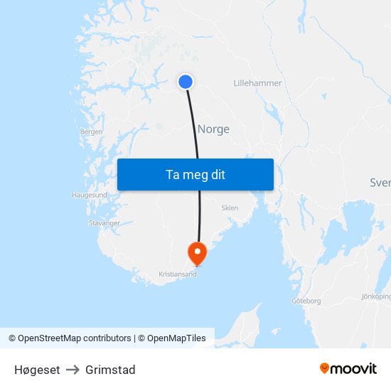 Høgeset to Grimstad map