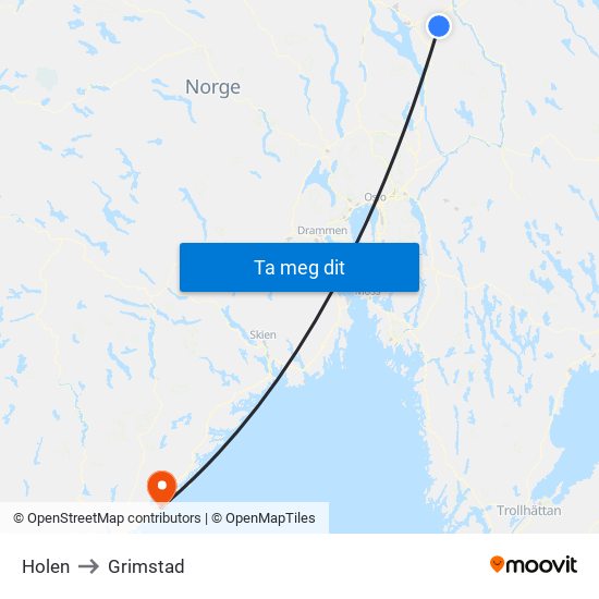 Holen to Grimstad map