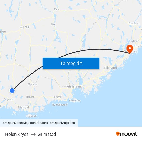 Holen Kryss to Grimstad map