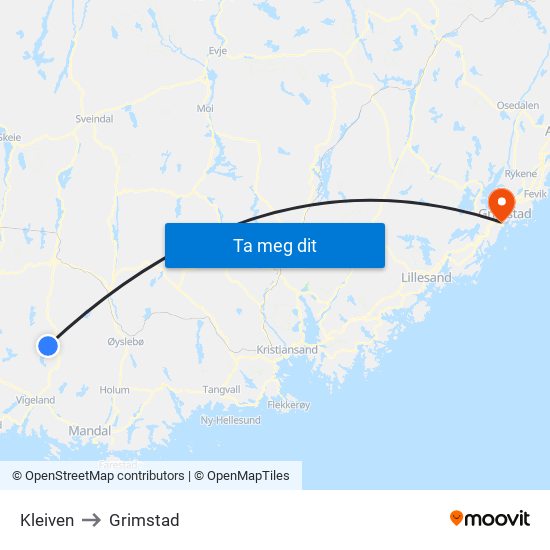 Kleiven to Grimstad map
