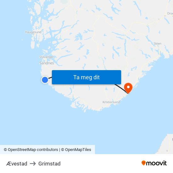 Ævestad to Grimstad map