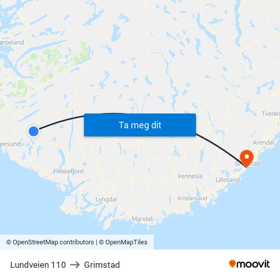 Lundveien 110 to Grimstad map