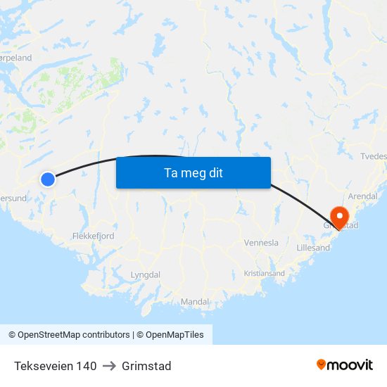 Tekseveien 140 to Grimstad map