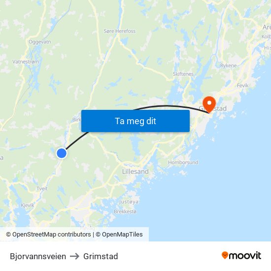Bjorvannsveien to Grimstad map