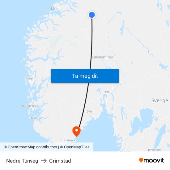 Nedre Tunveg to Grimstad map