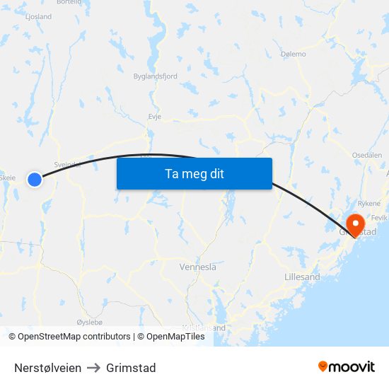 Nerstølveien to Grimstad map