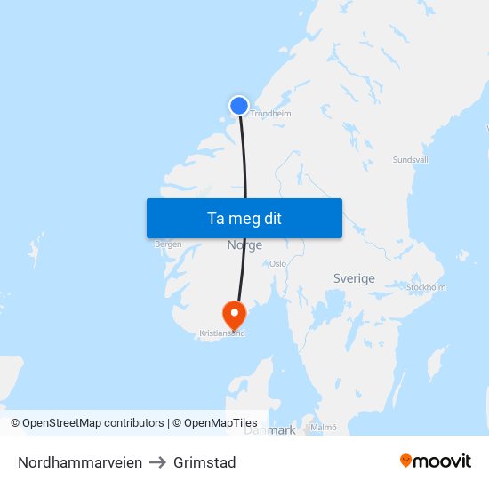 Nordhammarveien to Grimstad map