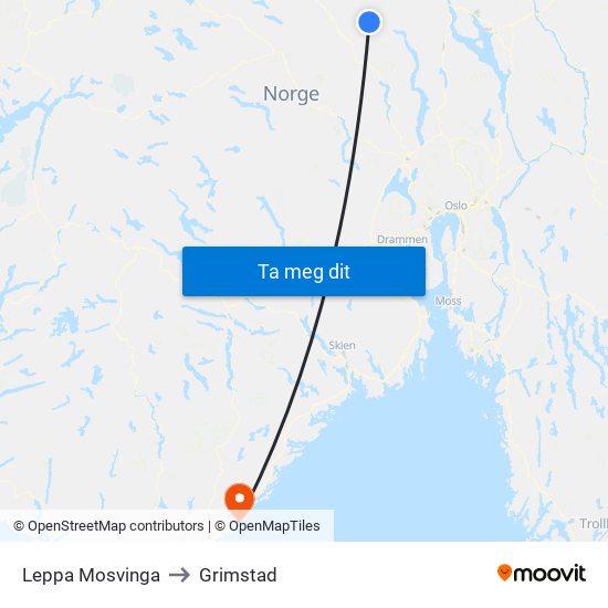 Leppa Mosvinga to Grimstad map