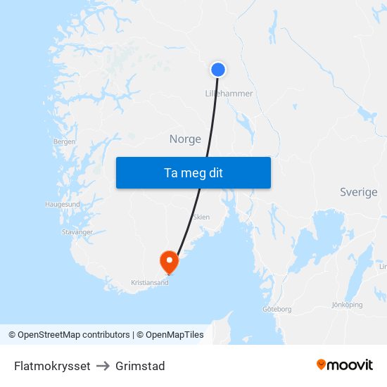 Flatmokrysset to Grimstad map