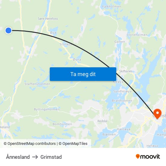 Ånnesland to Grimstad map