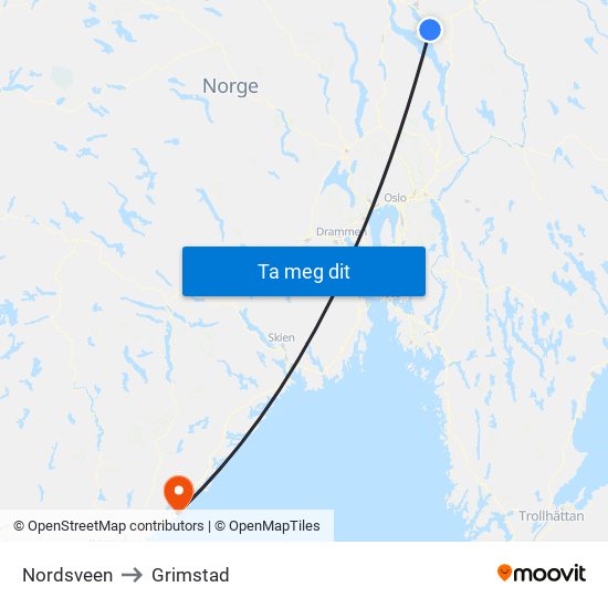 Nordsveen to Grimstad map
