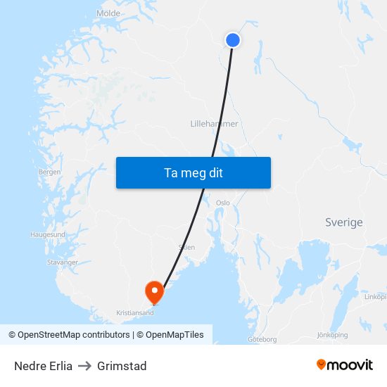 Nedre Erlia to Grimstad map