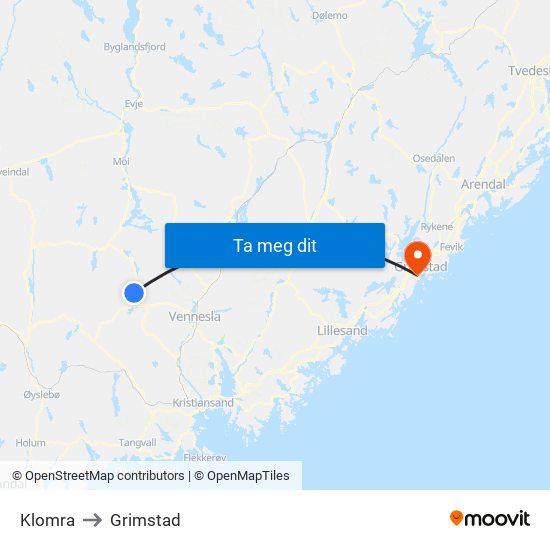 Klomra to Grimstad map