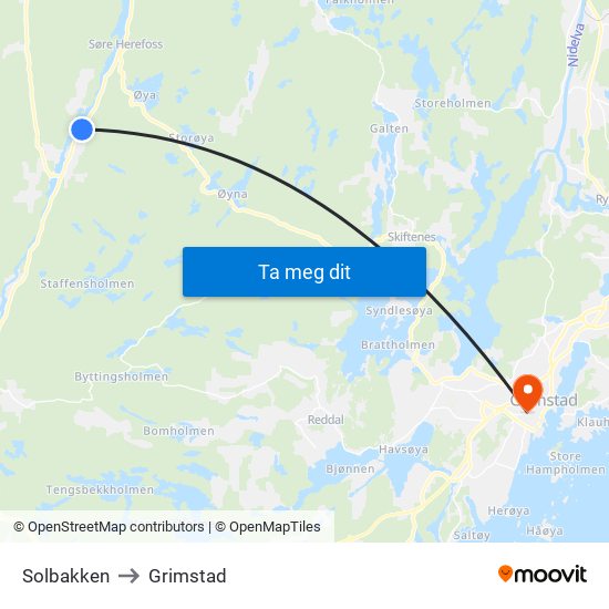 Solbakken to Grimstad map