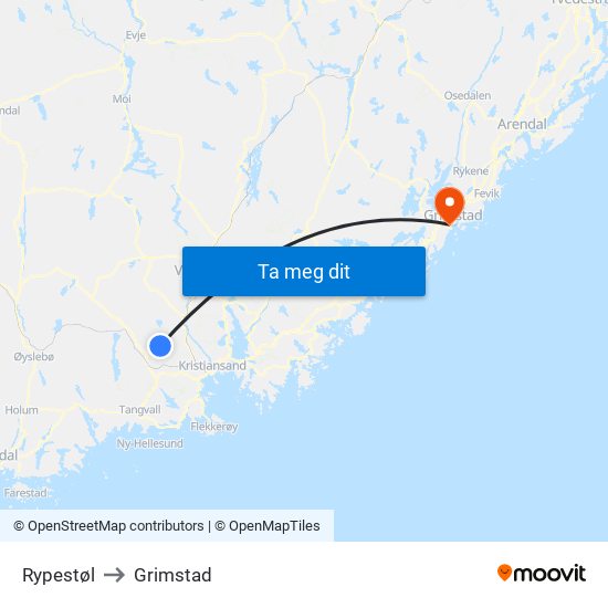 Rypestøl to Grimstad map
