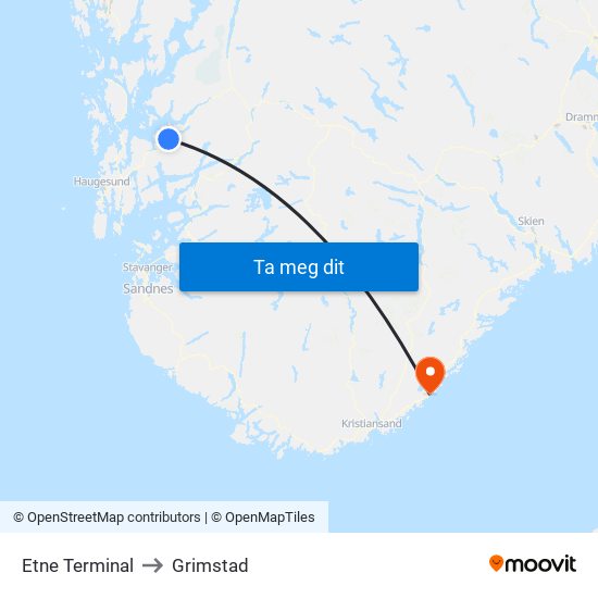 Etne Terminal to Grimstad map