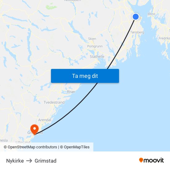 Nykirke to Grimstad map