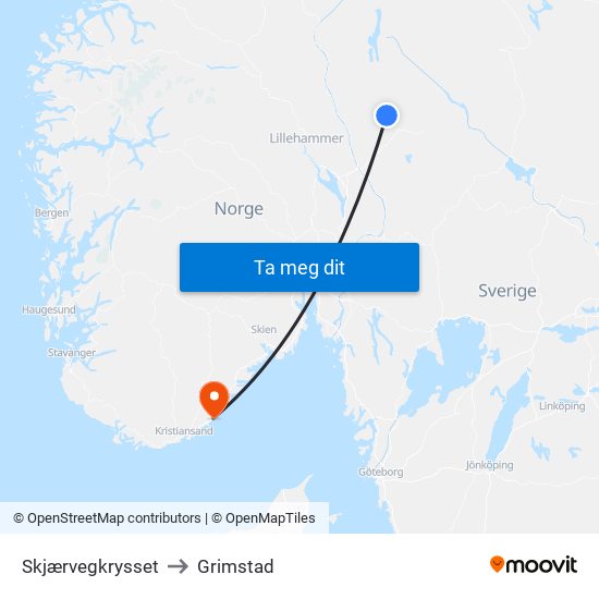 Skjærvegkrysset to Grimstad map