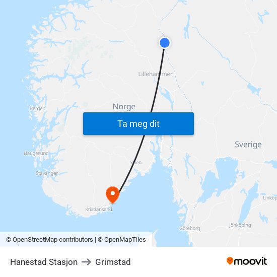 Hanestad Stasjon to Grimstad map