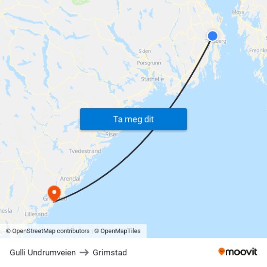 Gulli Undrumveien to Grimstad map