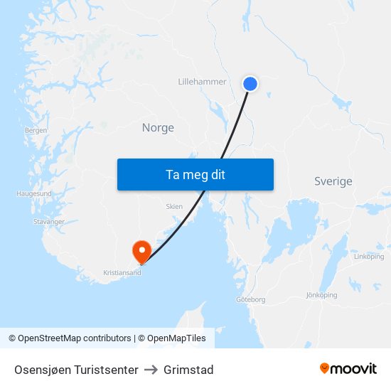 Osensjøen Turistsenter to Grimstad map