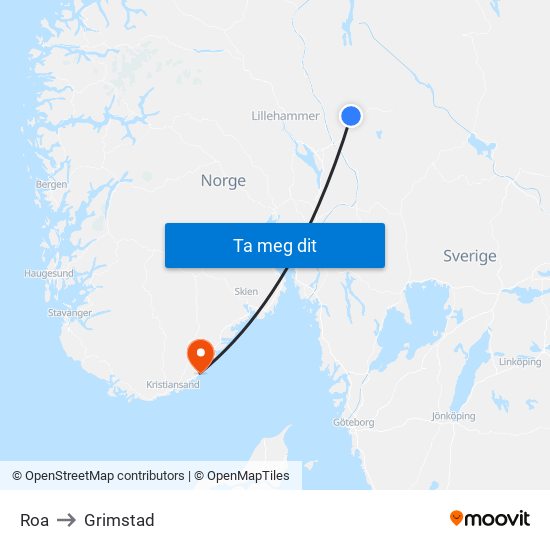 Roa to Grimstad map