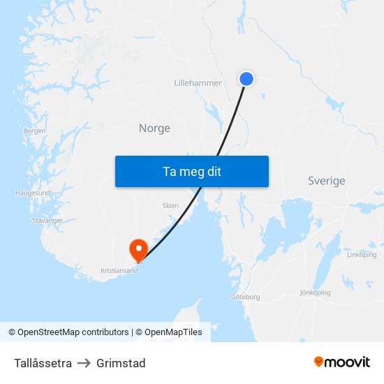 Tallåssetra to Grimstad map