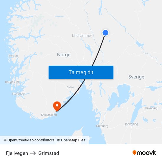 Fjellvegen to Grimstad map