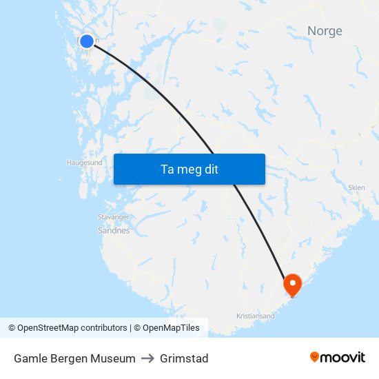 Gamle Bergen Museum to Grimstad map